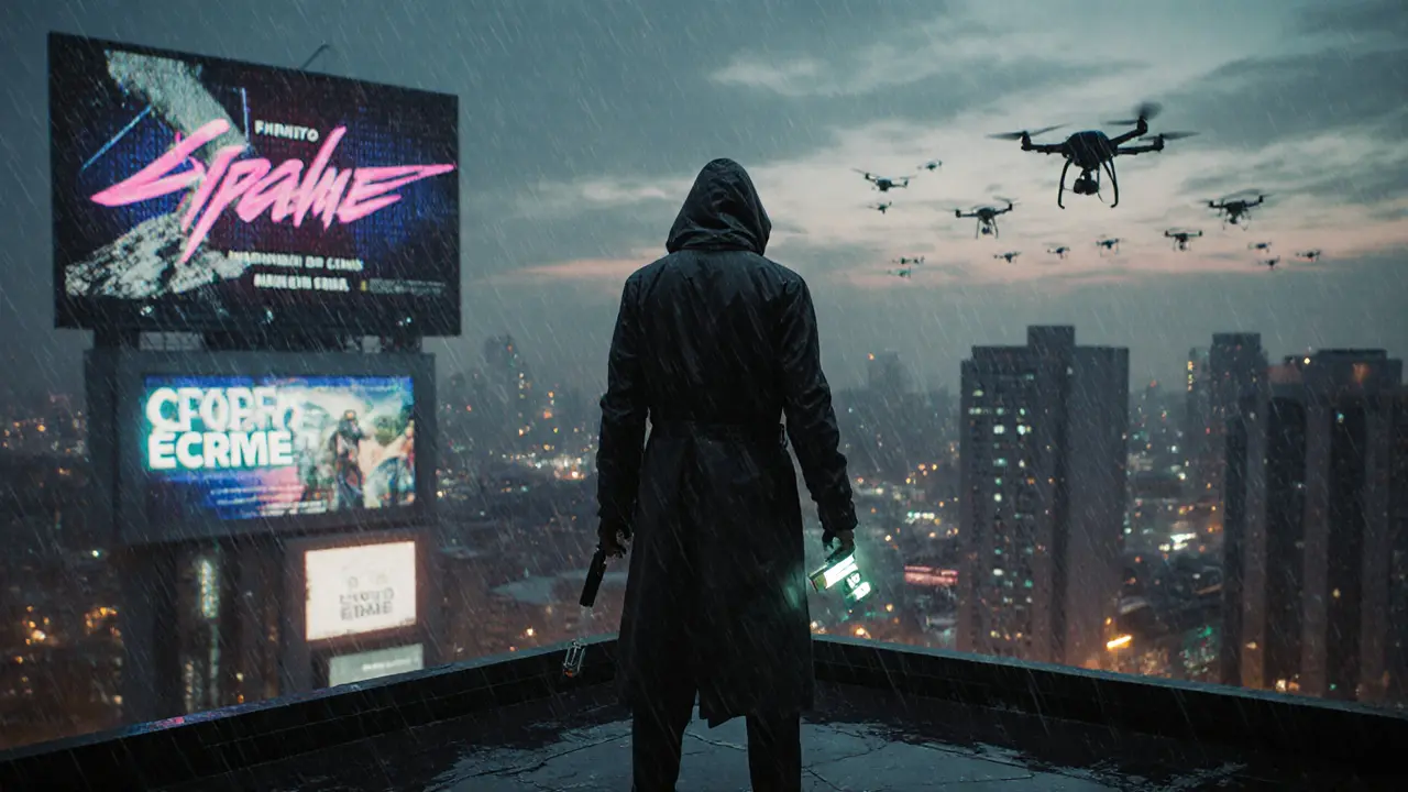 A figure on a rooftop holding a USB drive as surveillance drones approach, city lights and government warnings glowing below.
