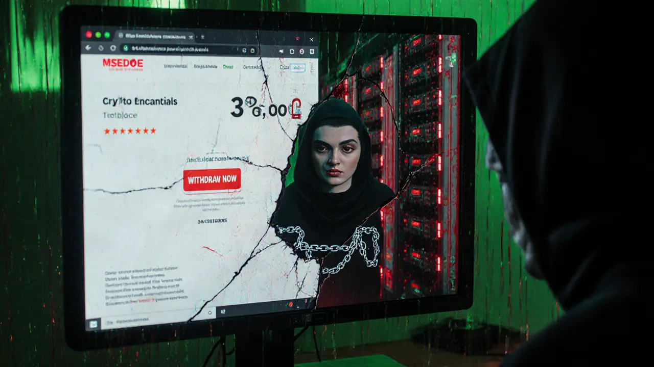 A hacker&#039;s monitor reflects trapped funds as fake exchange UI glows with red warnings.