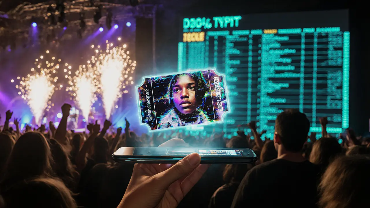 A hand projecting a dynamic NFT ticket with animated concert moments and glowing smart contract code.