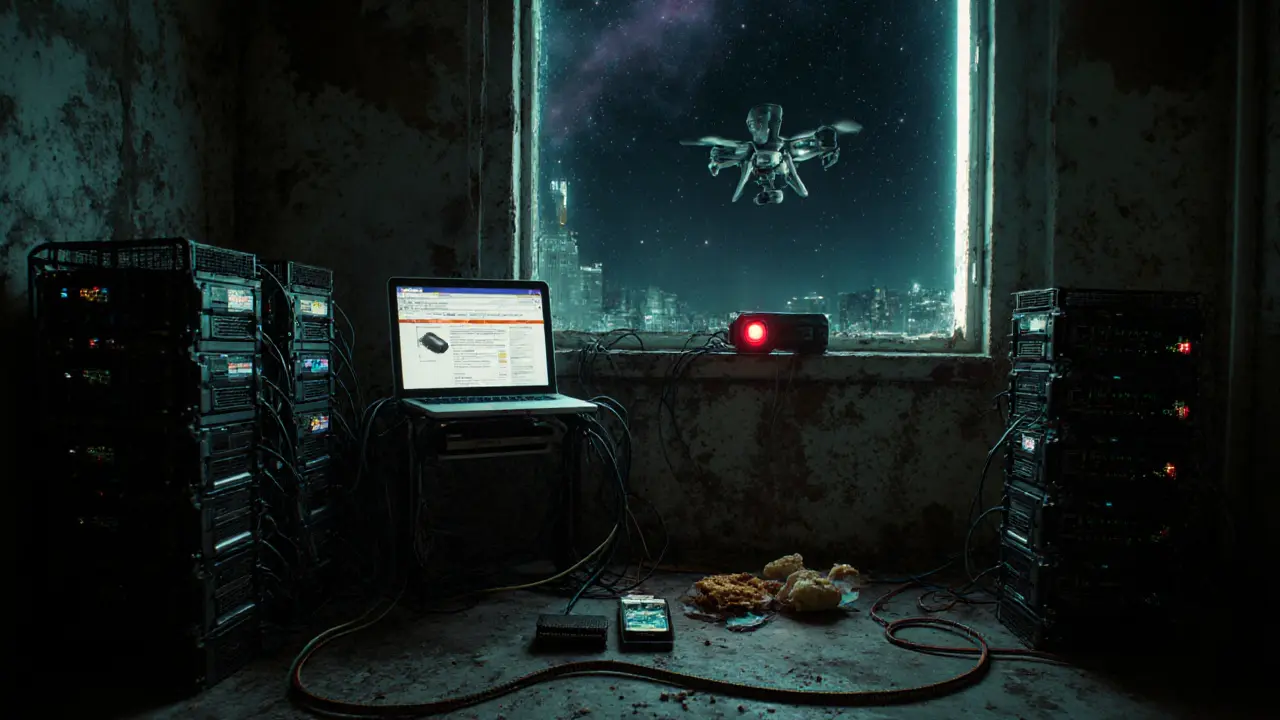 A hidden crypto mining setup in a dim apartment, with rigs humming and a hardware wallet glowing on a windowsill.