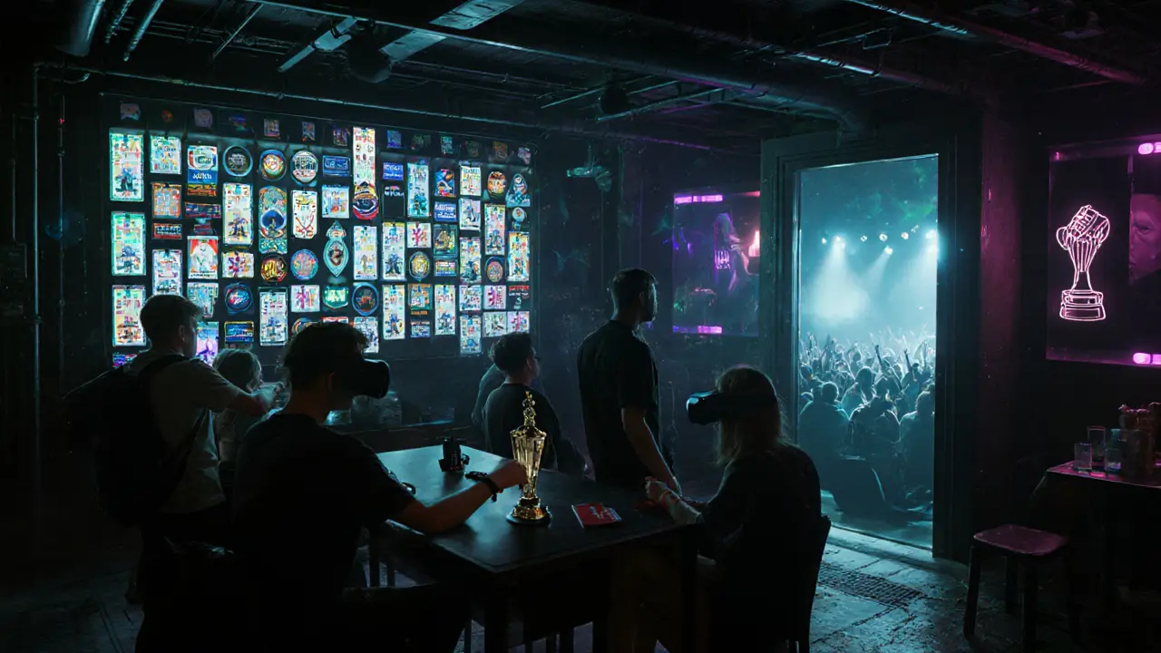 A hidden fan lounge with holographic NFT badges and POAPs displayed as digital trophies on glowing walls.