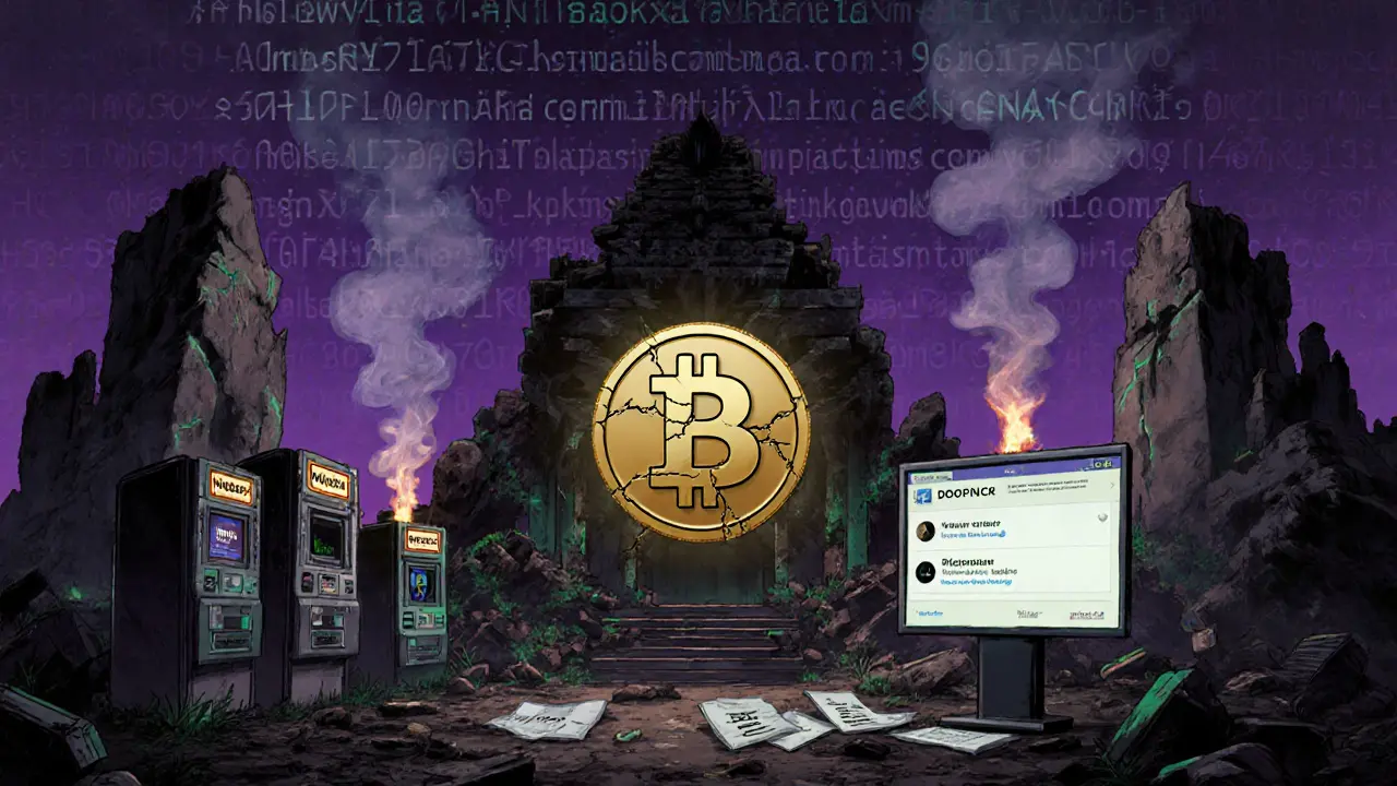 A ruined digital temple with a broken Birb logo and abandoned crypto tools in cyberpunk style.