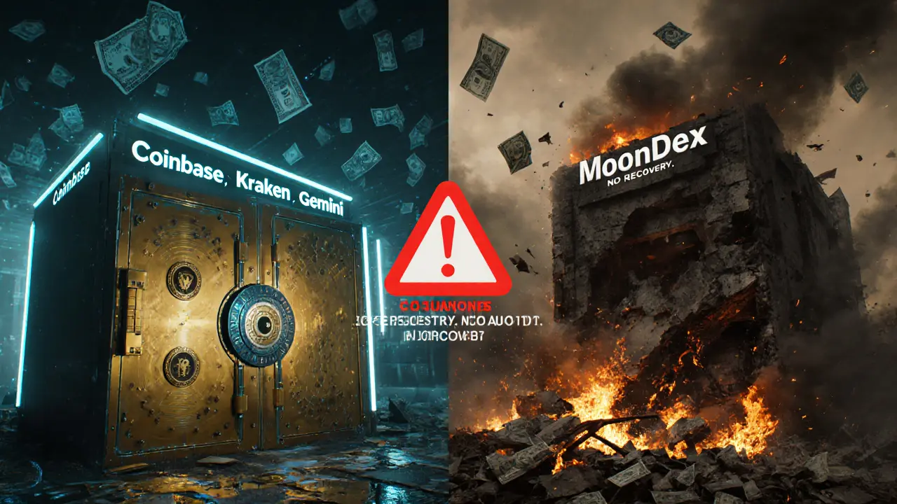 A secure crypto vault contrasts with a burning fake exchange collapsing into ash.