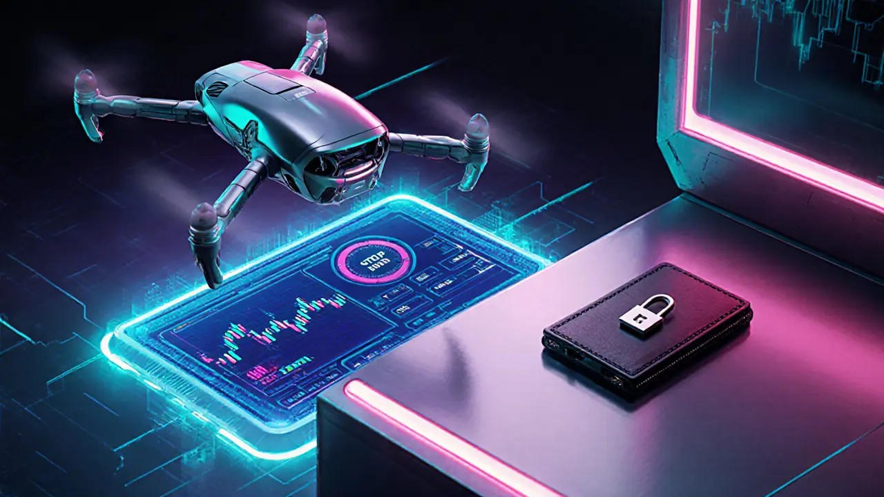 AI bot drone managing CRP trades on a neon holographic panel.