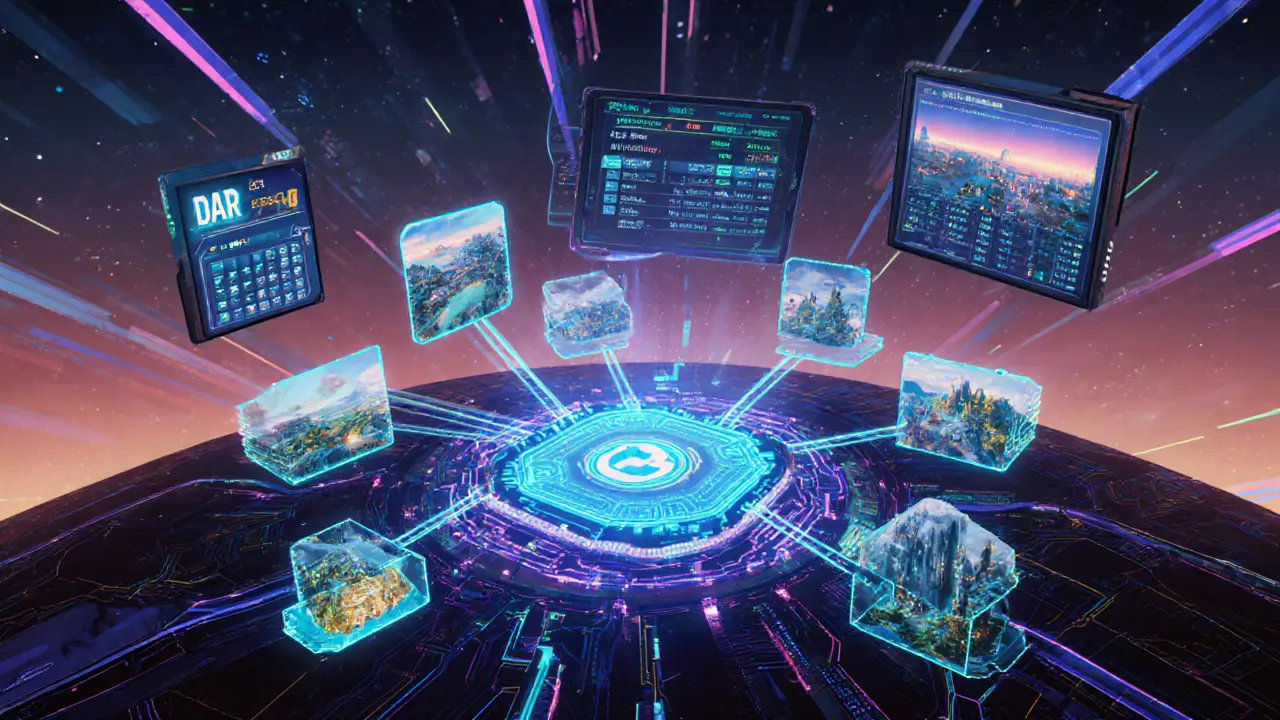 AI core projecting linked game worlds and a holographic exchange board displaying D token rewards.