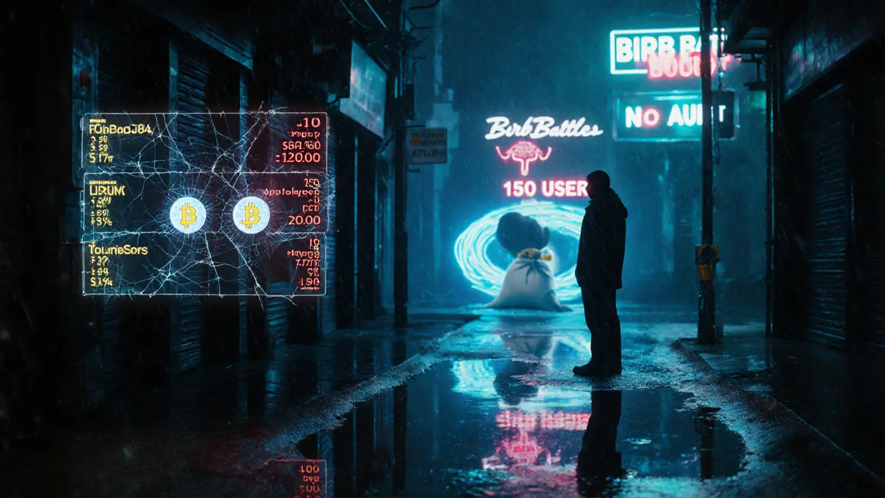 An investor stares at a fractured AR display showing fake BIRB prices in a rainy alley.