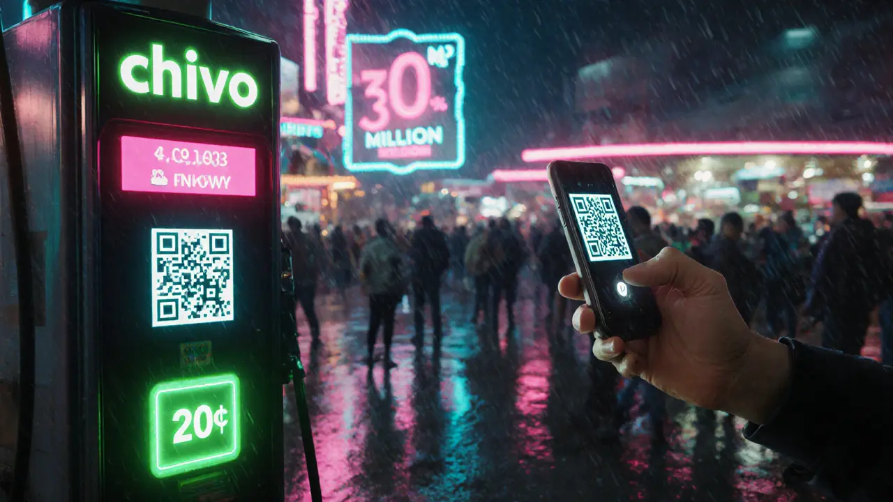 Citizens using the Chivo wallet at a neon market, scanning QR codes.