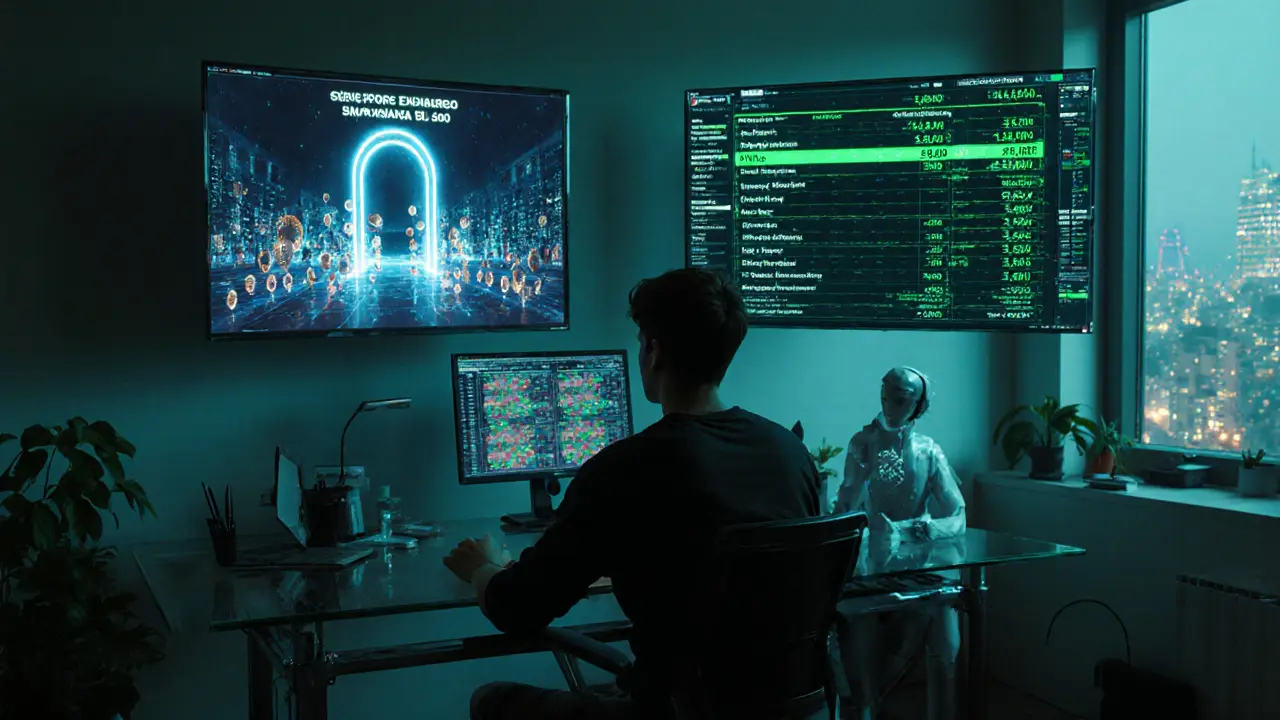 Compact cyber‑punk office showing holographic offshore exchange and batch trade visuals.