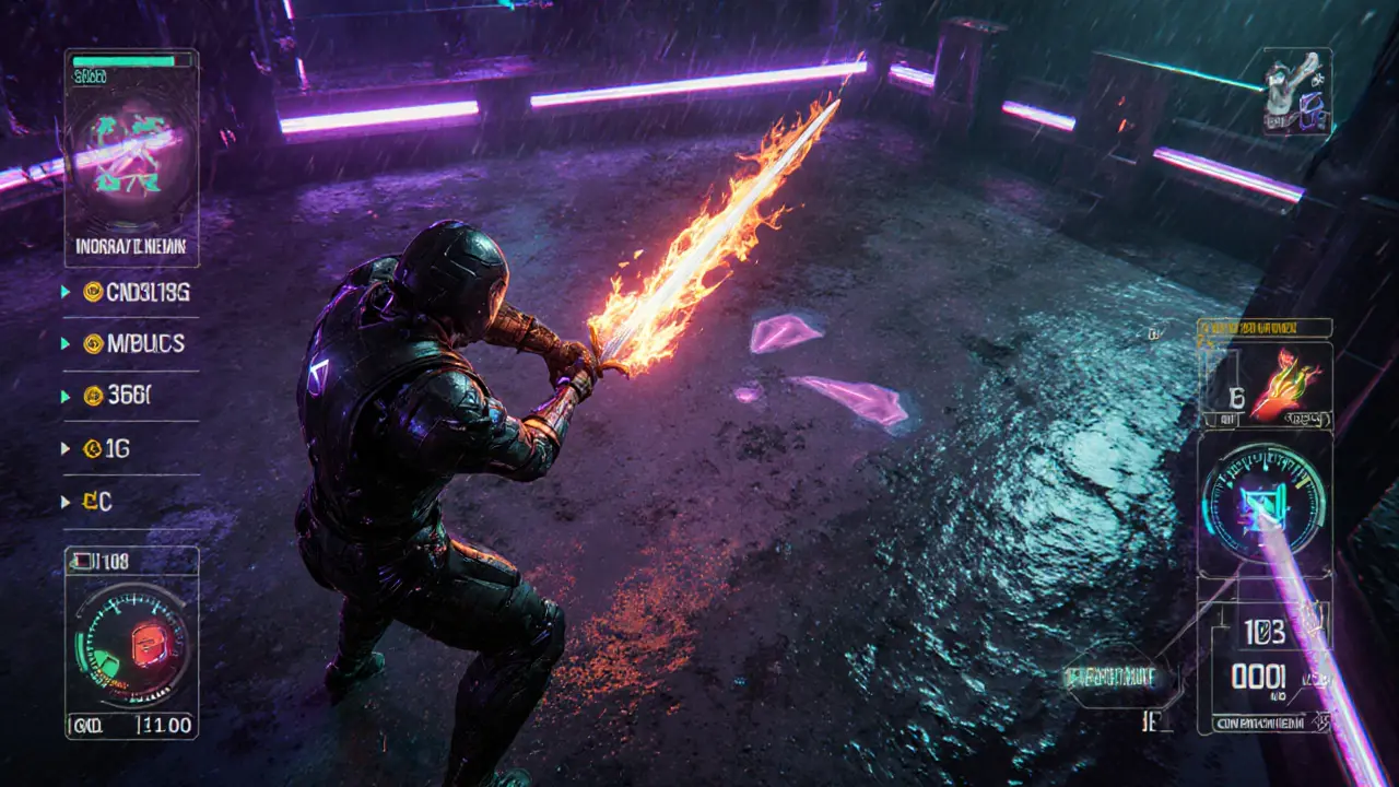 Cyber‑armor player battling with HUD showing token burning and staking.