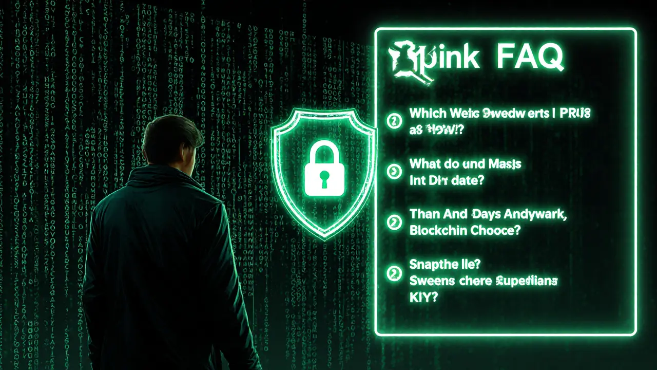 Cyber‑detective blocking a phishing link with a holographic shield and FAQ display.