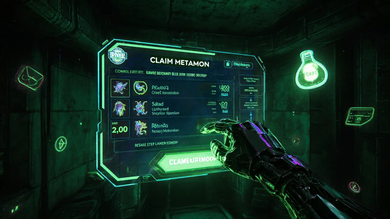 Cyber‑hand clicking a holographic claim button showing NFT rewards.
