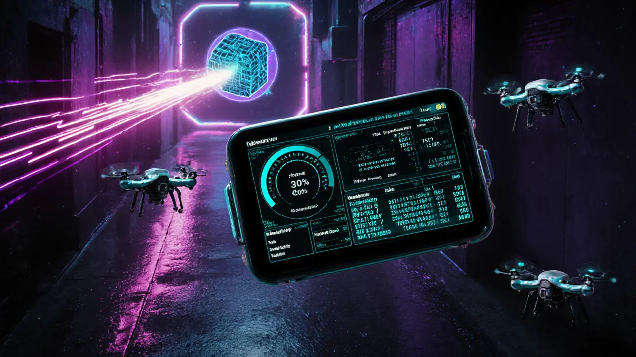 Cyberpunk dashboard displaying under‑collateralized loan data, credit score gauge, and flash‑loan animation.