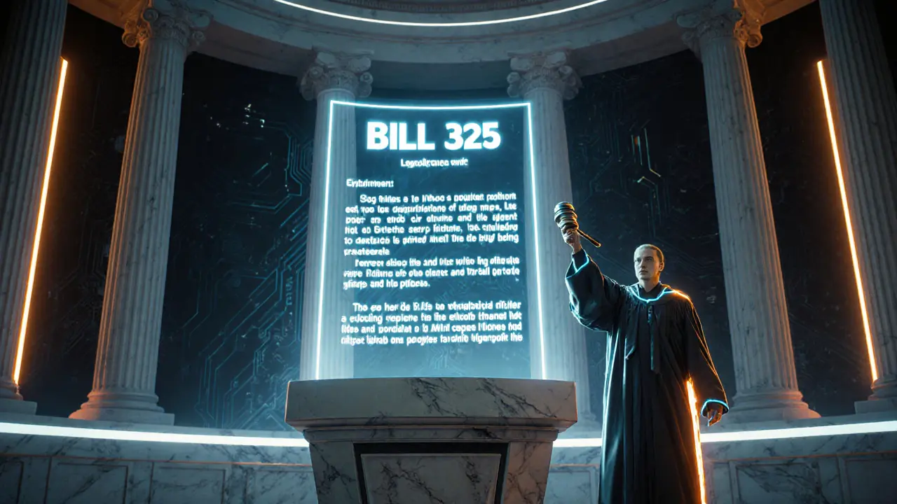 Cyberpunk legislative chamber with a floating hologram of a crypto bill and a neon‑gowned judge.