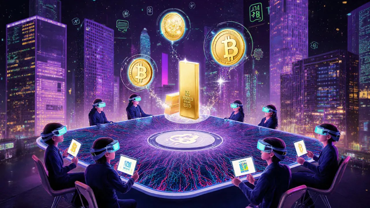 Cyberpunk marketplace showing decentralized avatars tokenizing real‑world assets.