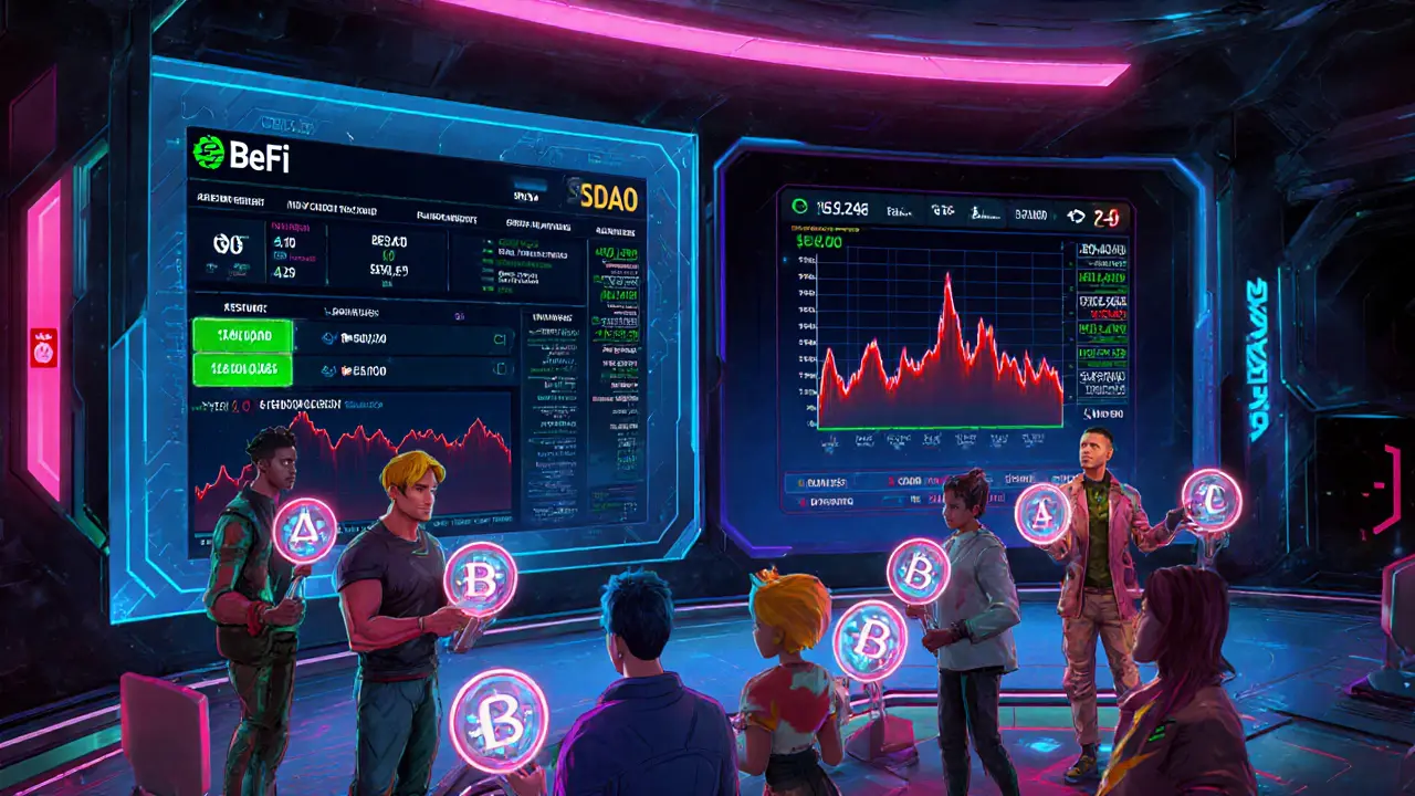DeFi dashboard with KYC attestation, volatile BAS token chart, and DAO voting avatars.