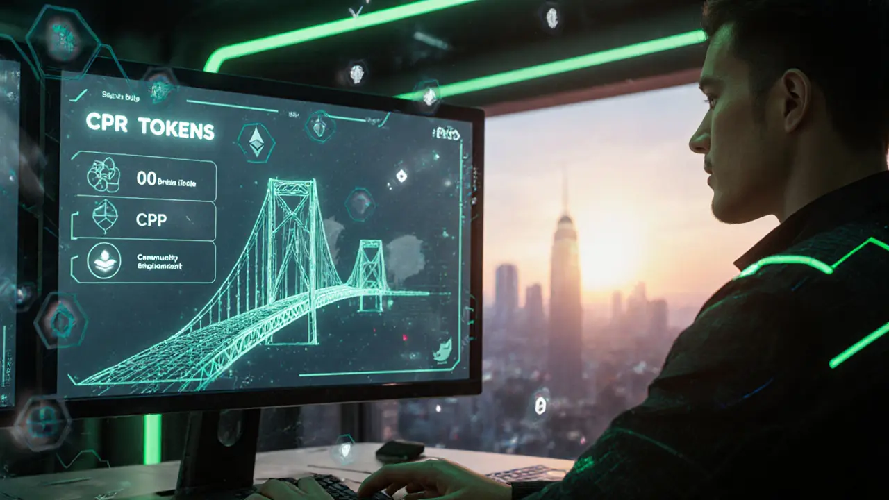 Developer at a futuristic desk using holographic UI to bridge CPR tokens to Polygon.
