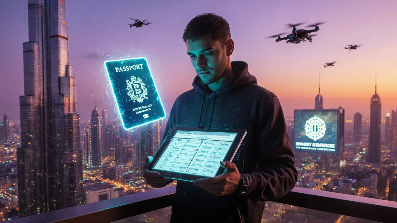 Digital nomad on Dubai balcony holding crypto ledger hologram.