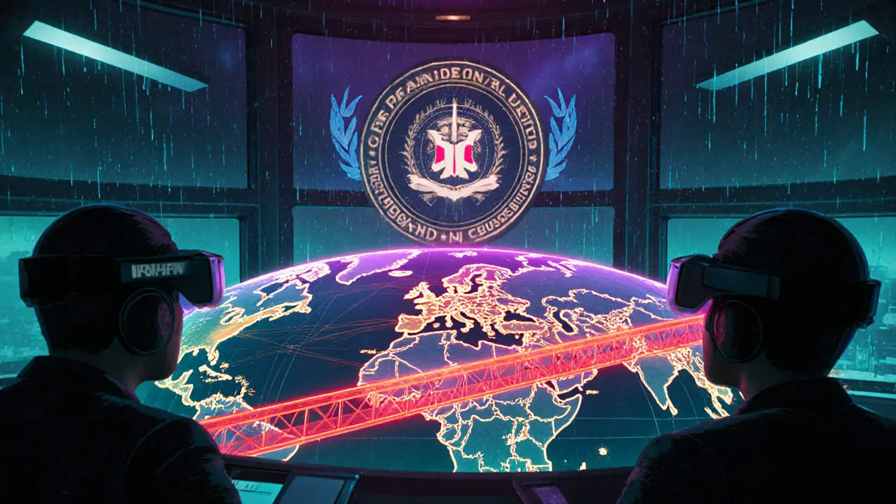 Futuristic command center with AR analysts tracing blockchain bridges, FBI and UN symbols.