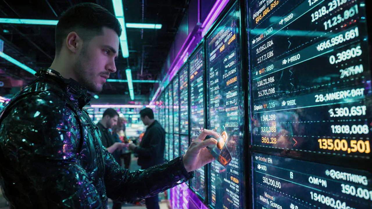 Futuristic crypto exchange interior with holographic trading panels and a user with a hardware wallet.