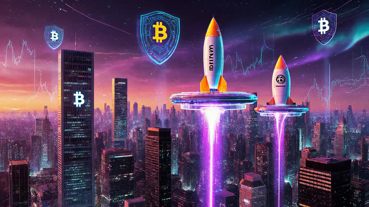Futuristic cyberpunk skyline with BitVM and Drivechain rockets launching and security shields.
