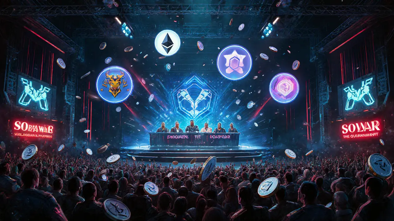 Futuristic DAO chamber and esports stage with holographic heroes and token rain.