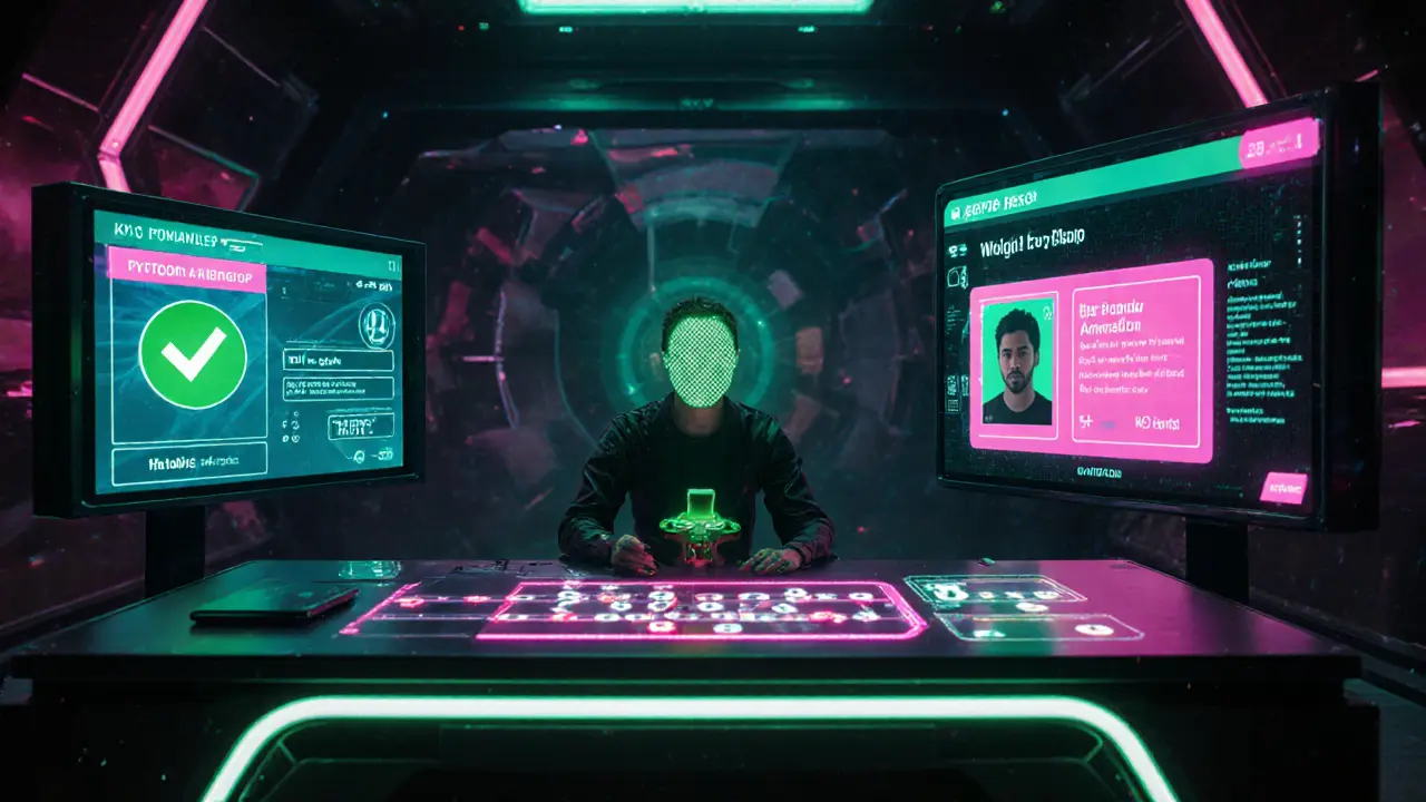 Futuristic desk with holographic wallet UI, KYC scanner, and token transfer animation.