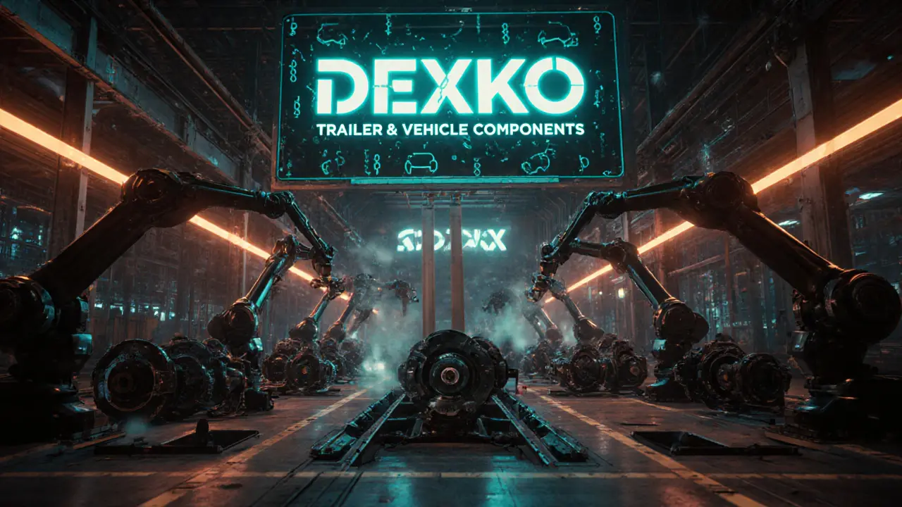 Futuristic factory floor with robots building trailer components, neon Dexko billboard, fading crypto symbols.