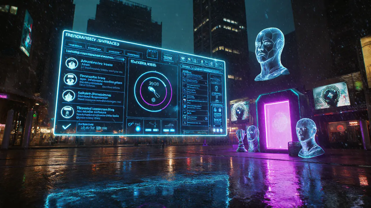 Futuristic holo‑dashboard with quadratic voting rings, AI analysis heads, and cross‑chain portal.