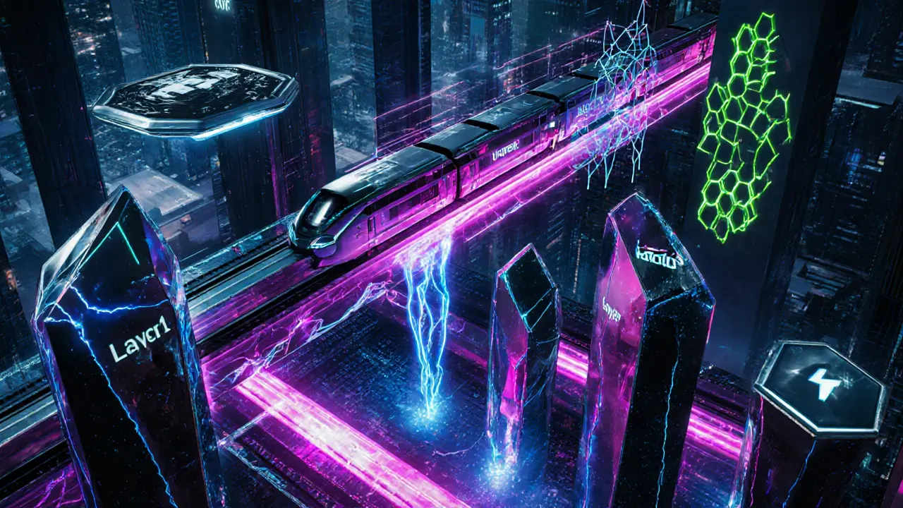 Futuristic layered city illustrating Layer1 shards, Rollup hover‑trains, Lightning payment channels, and DAG ledgers.