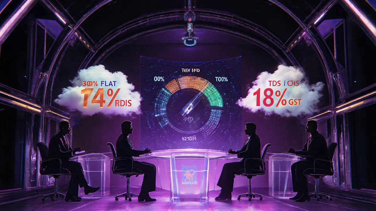 Futuristic parliamentary chamber with holographic tax data and consultation symbols.