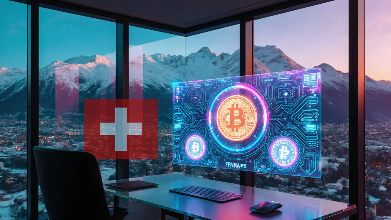 Futuristic Swiss office with holographic crypto dashboard and Alpine view.