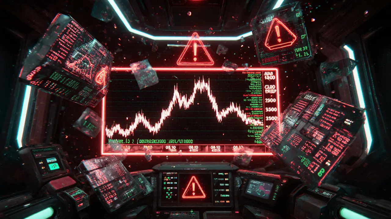Futuristic trader cockpit with erratic holographic price charts and red warning symbols.