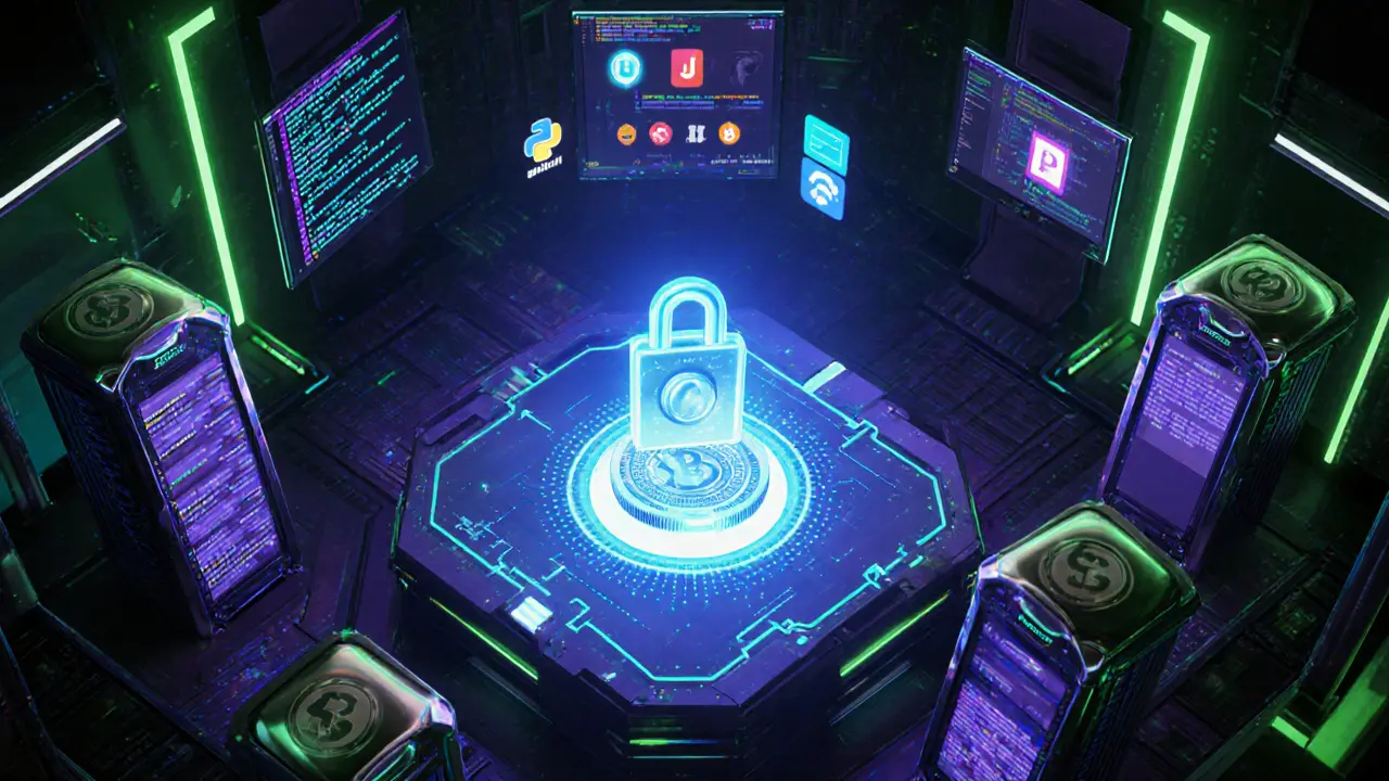 Futuristic validator hub with holographic staking contract and glowing AI compute rigs.