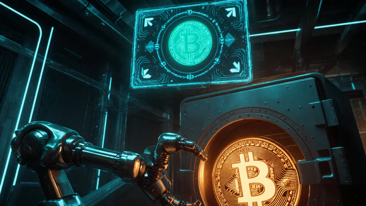 Futuristic vault where a Bitcoin is locked and a glowing Wrapped Bitcoin token is minted.