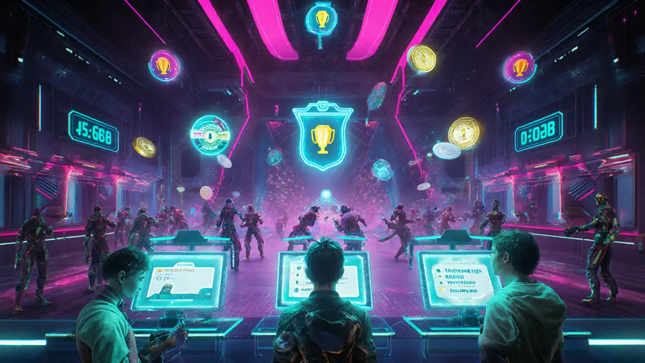 Gamers at holographic screens earning daily, weekly, and seasonal quests with neon icons.