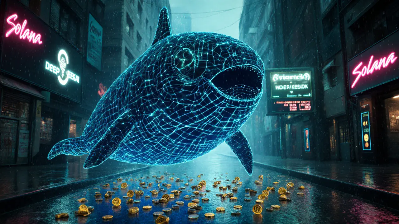 Gigantic digital whale towering over tiny DEEPSEEKAI coins with Solana neon sign.