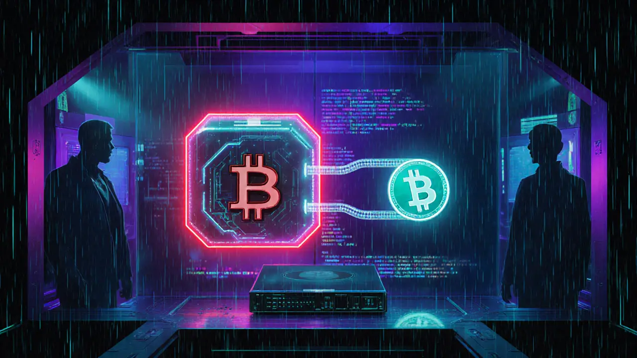 Holographic Bitcoin lock box sending SPV proof to a sidechain server that mints a token.