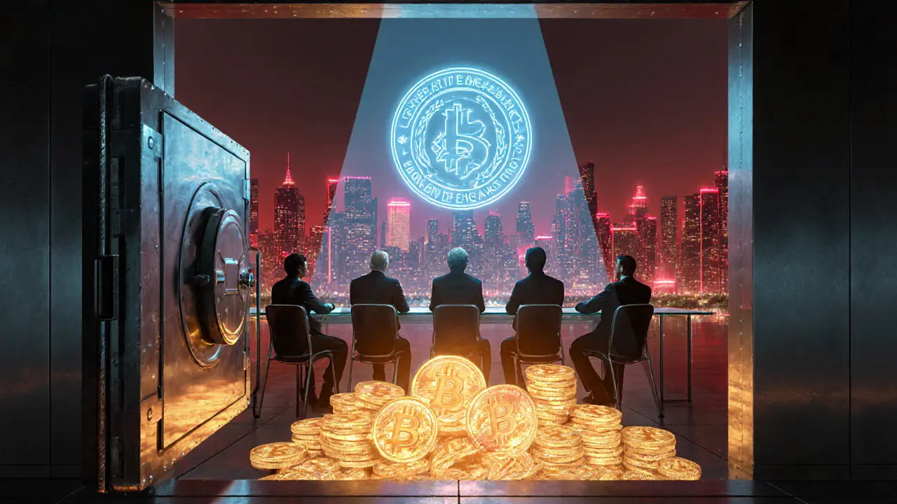 Legislators voting on Bitcoin law reversal under a holographic IMF emblem.