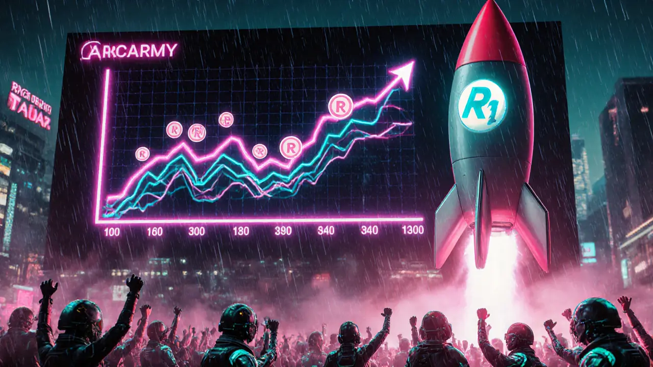 Neon billboard displaying RACA token flow and community celebrating.
