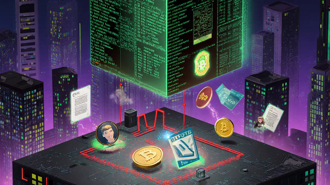Neon city with holographic courthouse and hybrid platform mixing tokenized assets and on‑chain credit scores.