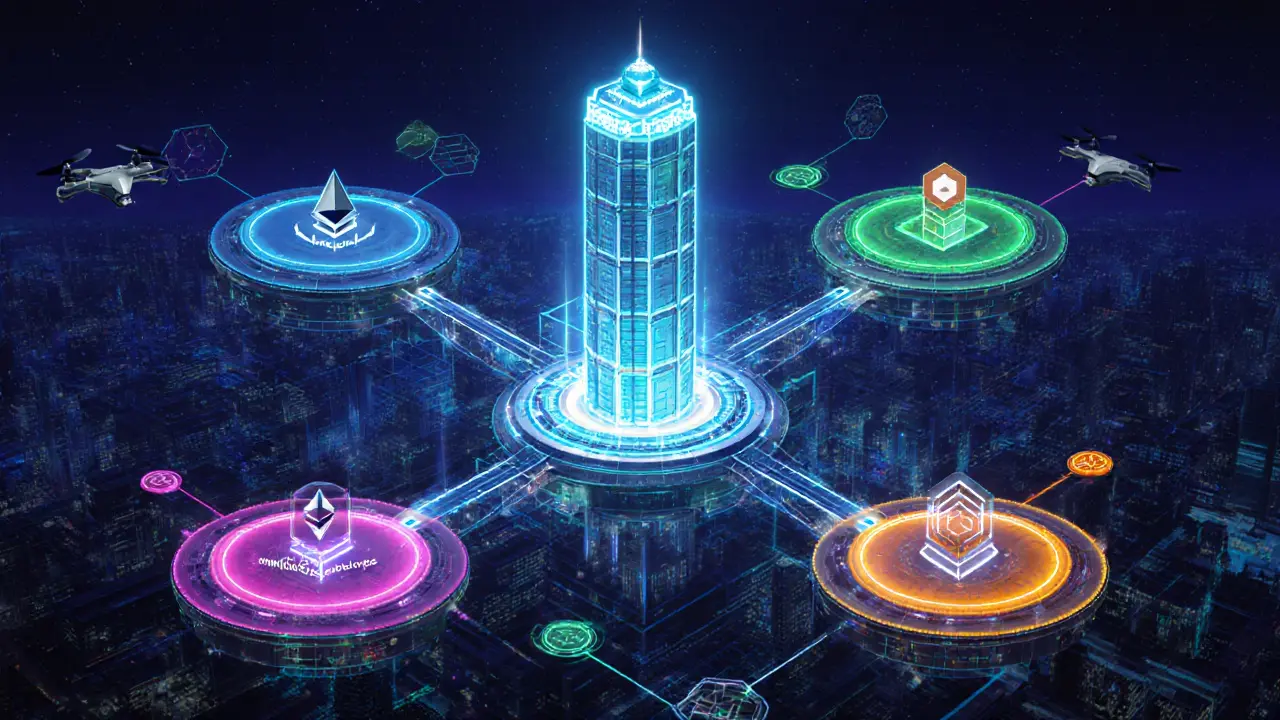 Neon‑lit hub connecting multiple blockchain platforms with glowing data tunnels in a cyberpunk setting.