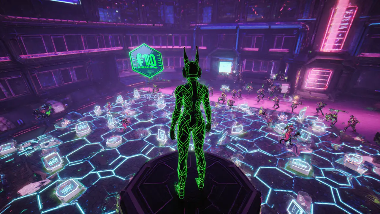Polqueen avatar with ALBP boost stands over virtual land auction grid in a neon‑lit metaverse.
