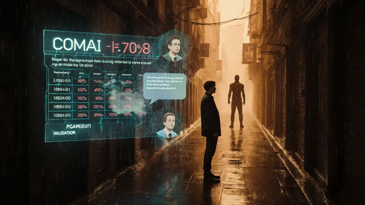 Rainy cyberpunk alley showing COMAI price ticker, Discord chat hologram, and regulatory shadow.