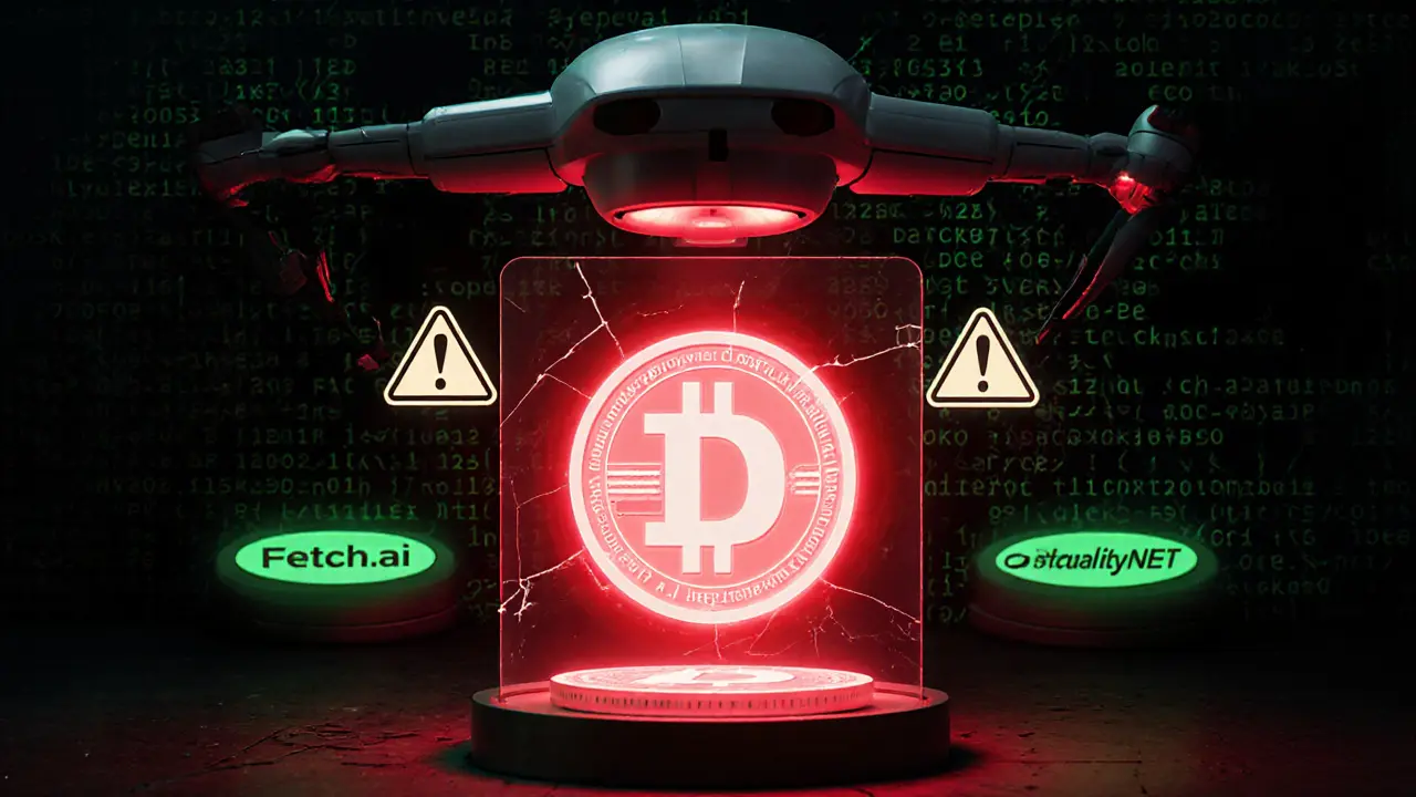 Regulatory drone scanning a red‑glowing DEEPSEEKAI token amid caution symbols.