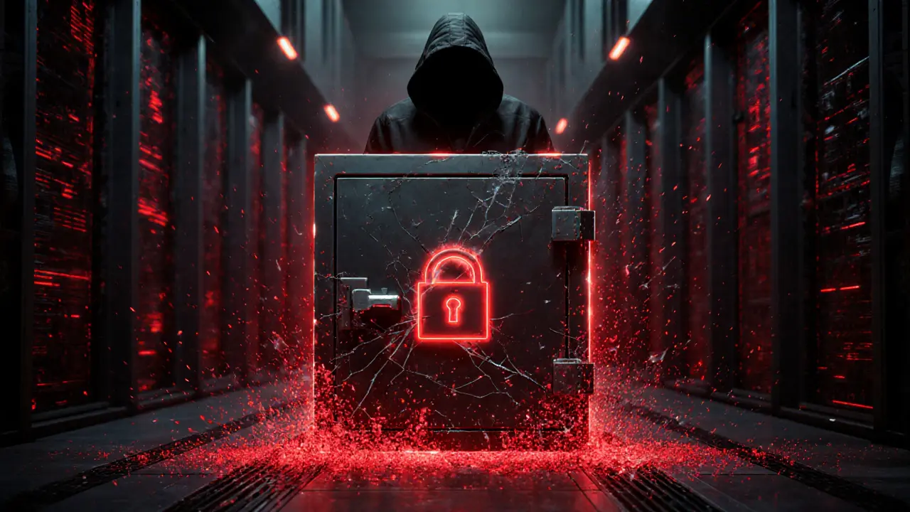 Security vault cracking under cyber-attack with red data particles escaping