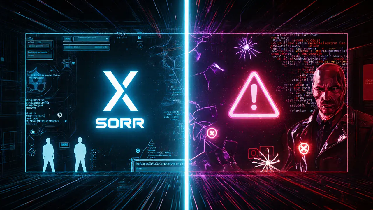 Split‑screen cyberpunk contrast: authentic SORA XOR side vs. corrupted GROK side.