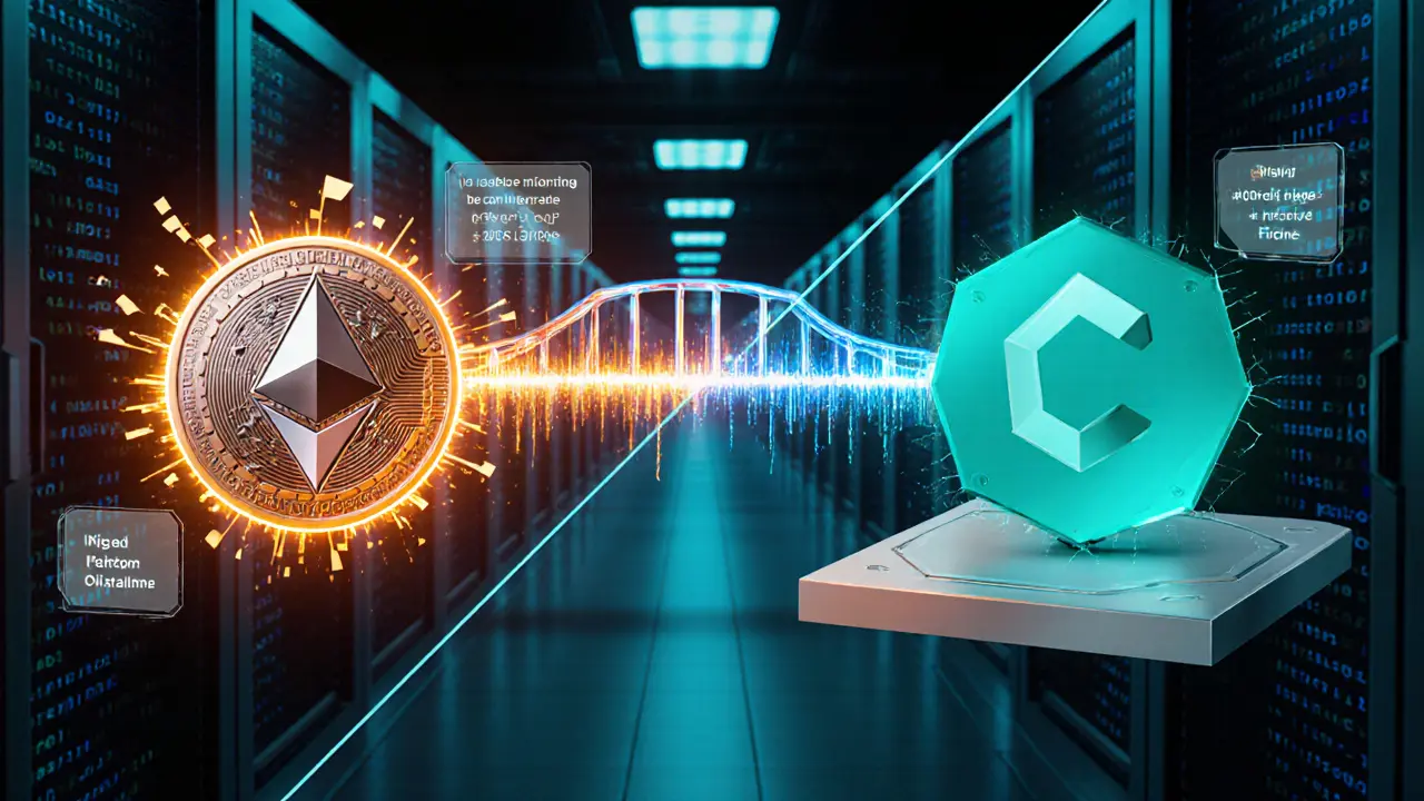 Split‑screen showing Ethereum CPR token, Polygon CPR token, and a glowing bridge between them.