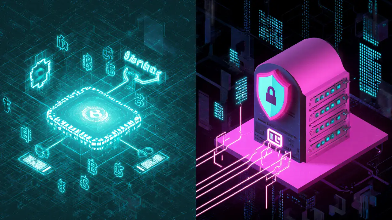Split view of blockchain ledger hashes and an encrypted Greenfield data vault.