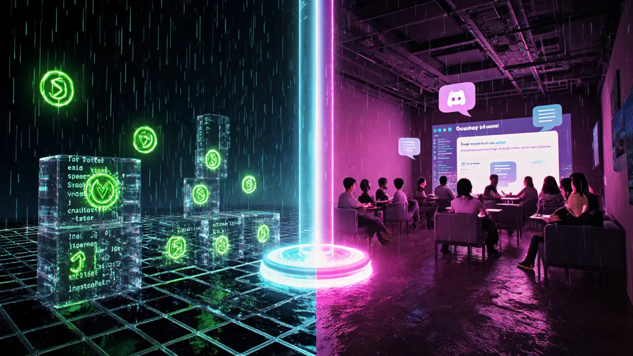 Split view showing blockchain code voting on one side and a virtual chat voting lounge on the other.