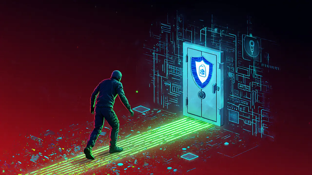 Trader moving from chaotic interface to secure vault with shield symbol